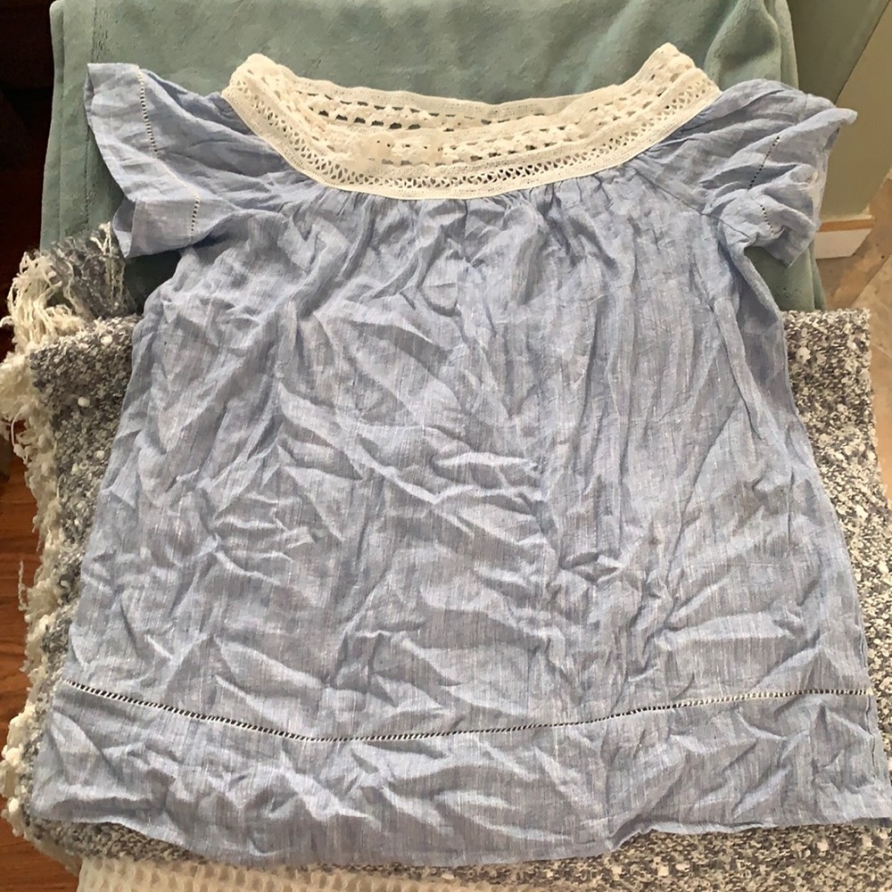 Boho blue crochet trim off the shoulder top SMALL